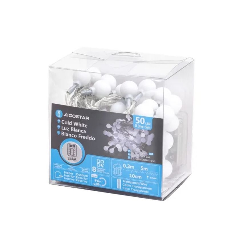 Aigostar - guirlande LED d'extérieur 50xLED/3xAA/8 fonctions 5,3 m IP44 blanc froid