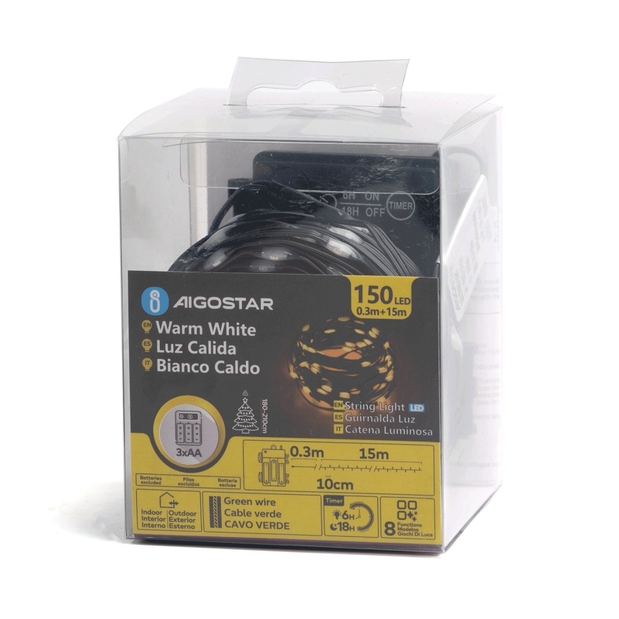 Aigostar - Guirlande lumineuse extérieure 150 LED/8 fonctions, 3x AA, 15,3 m, IP44, blanc chaud