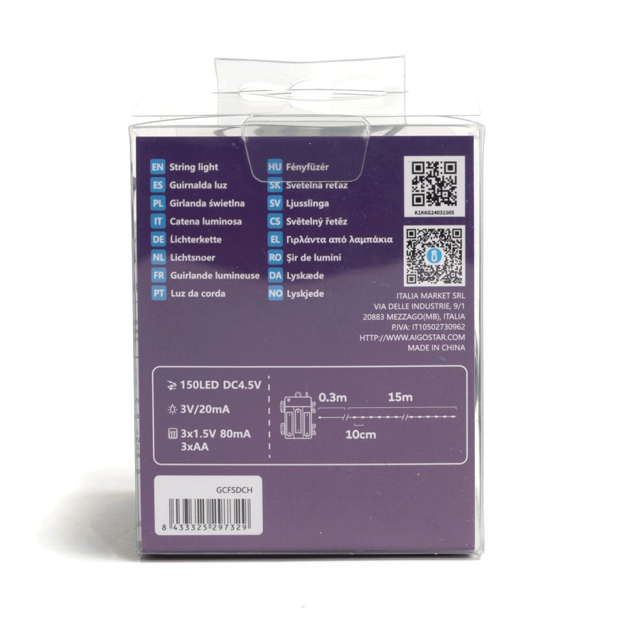 Aigostar - Guirlande lumineuse extérieure 150 LED/8 fonctions, 3x AA, 15,3 m, IP44, blanc chaud