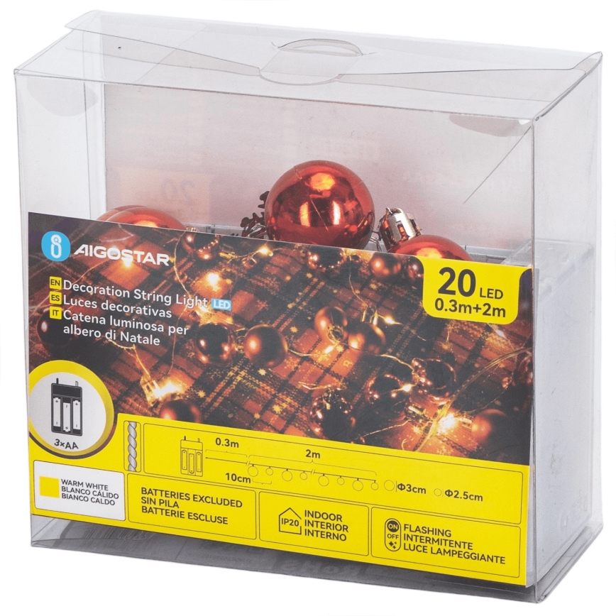 Aigostar - Guirlande lumineuse LED 2 m, 20 LED, 3xAA, blanc chaud