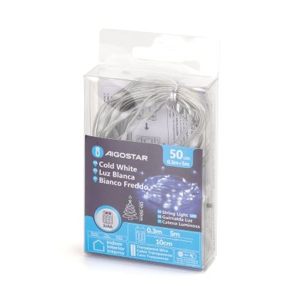 Aigostar - Guirlande lumineuse LED 50 LED, 3x AA, 5,3 m, blanc froid