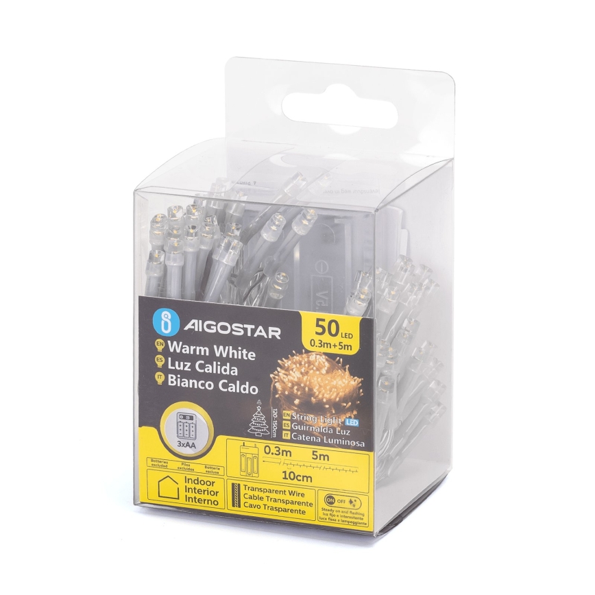 Aigostar - Guirlande lumineuse LED 50xLED/3xAA 5,3m blanc chaud