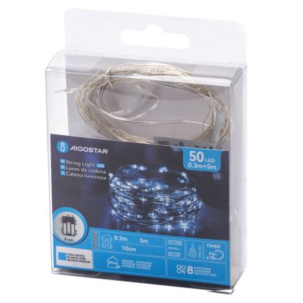 Aigostar - Guirlande lumineuse LED d'extérieur 50 LED, alimentée par 3 piles AA, IP44, 5,3 m, blanc froid