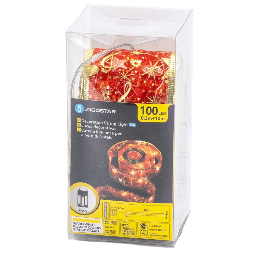 Aigostar - Guirlande de Noël LED 100xLED/3xAA 10 m blanc chaud rouge