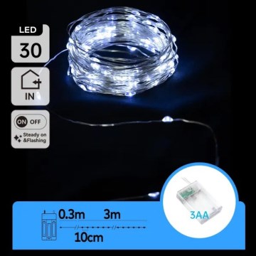 Aigostar - Guirlande lumineuse LED de Noël, 30 LED, alimentation sur 3 piles AA, 3,3 m, blanc froid