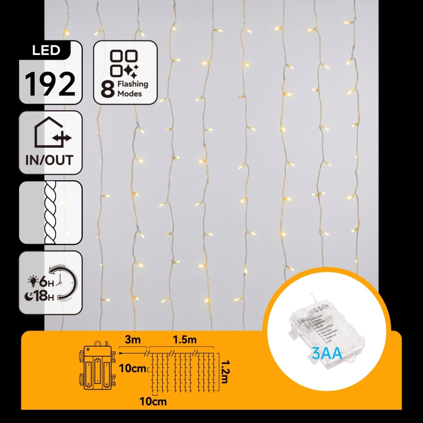 Aigostar - Guirlande lumineuse LED de Noël extérieure 192xLED/8 fonctions 3xAA 4,5x1,2m IP44 blanc chaud