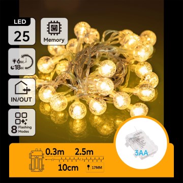 Aigostar - Guirlande lumineuse LED de Noël extérieure 25xLED/3xAA/8 fonctions 2,8 m IP44 blanc chaud