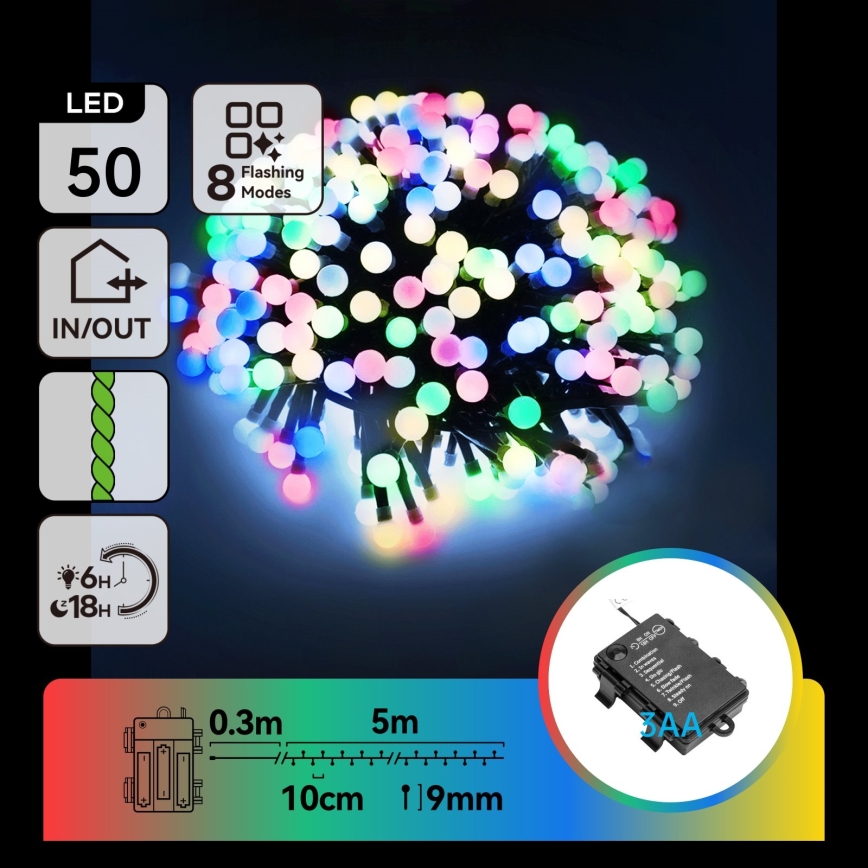 Aigostar - Guirlande lumineuse LED de Noël extérieure 50xLED/8 fonctions 3xAA 5,3m IP44 multicolore