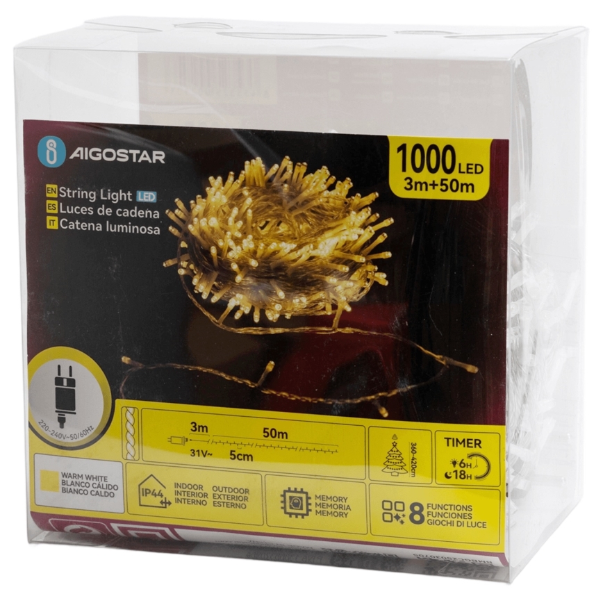 Aigostar - Guirlande LED de Noël extérieure 1000 LED/8 fonctions 50 m IP44 blanc chaud