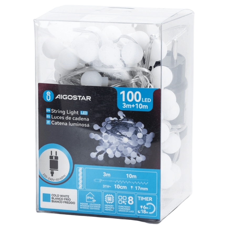 Aigostar - Guirlande lumineuse LED d'extérieur 100 LED, 8 modes, 10 m, IP44, blanc froid