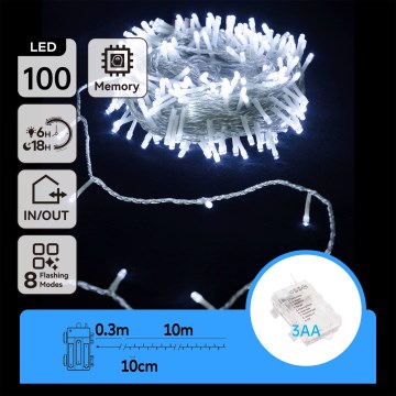 Aigostar - Guirlande lumineuse LED d'extérieur 100 LED/8 fonctions/3 piles AA 10,3 m IP44 blanc froid