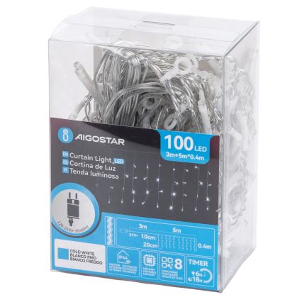 Aigostar - Guirlande lumineuse LED d'extérieur 100 LED / 8 modes 5 x 0,4 m IP44 blanc froid