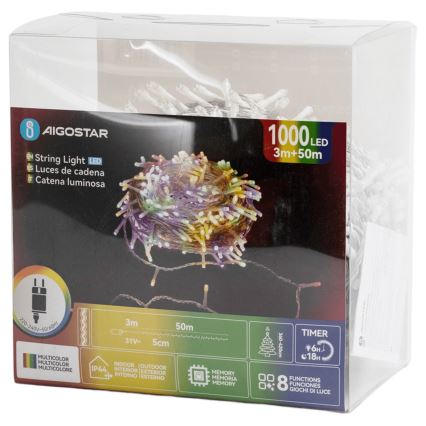 Aigostar - Guirlande lumineuse LED d'extérieur 1000 LED / 8 fonctions, 53 m, IP44, multicolore