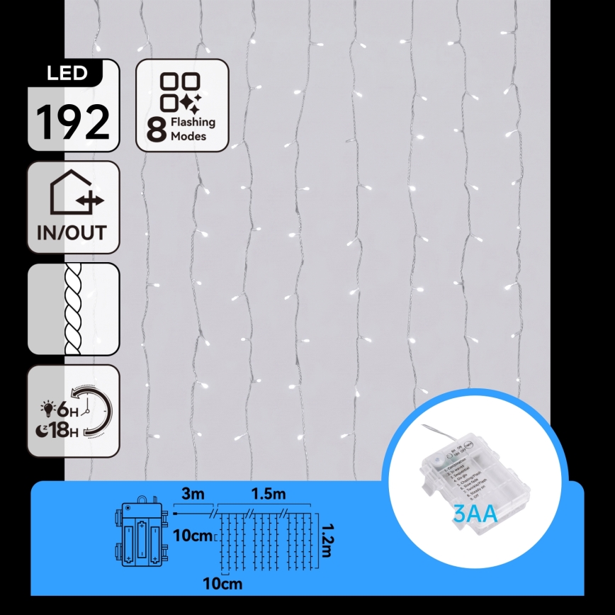 Aigostar - Guirlande lumineuse LED d'extérieur 192xLED/8 fonctions 3xAA 4,5x1,2m IP44 blanc froid