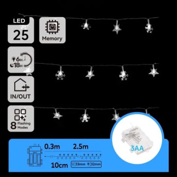 Aigostar - Guirlande lumineuse LED d'extérieur 25xLED/8 fonctions 3xAA 2,5 m IP44 blanc froid
