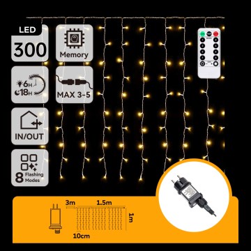 Aigostar - Guirlande lumineuse LED d'extérieur 300 LED/8 modes 3x1m IP44 blanc chaud + télécommande