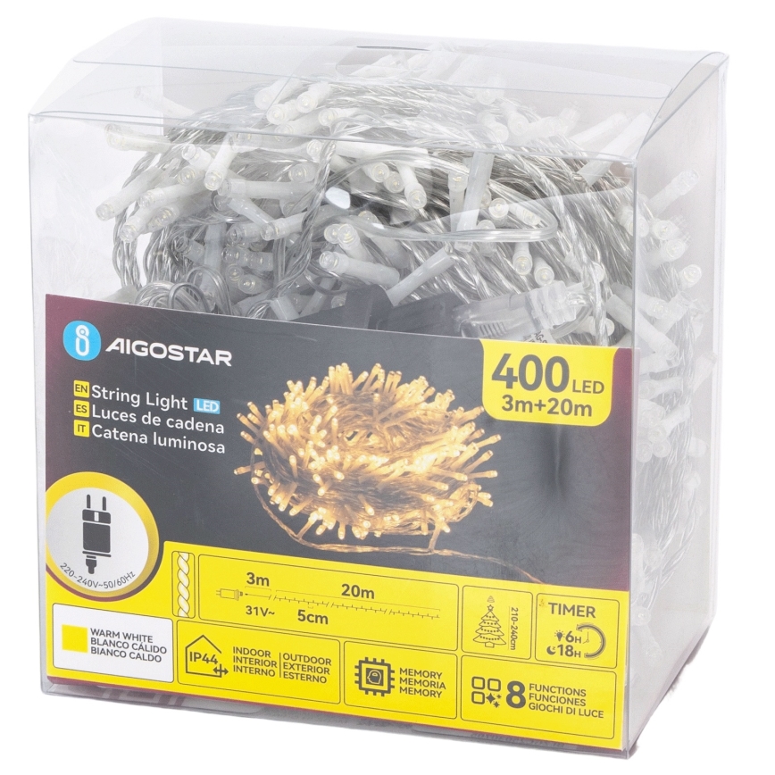 Aigostar - Guirlande lumineuse LED extérieure, 400 LED, 8 modes, 20 m, IP44, blanc chaud