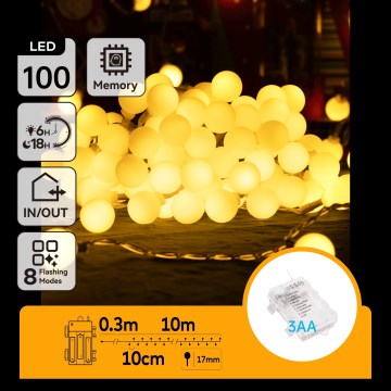 Aigostar - Guirlande lumineuse LED d'extérieur pour Noël 100xLED/3xAA/8 fonctions 10,3 m IP44 blanc chaud