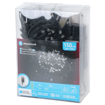 Aigostar - Guirlande lumineuse LED d'extérieur pour Noël, 150 LED, 8 modes, 18 m, IP44, blanc froid