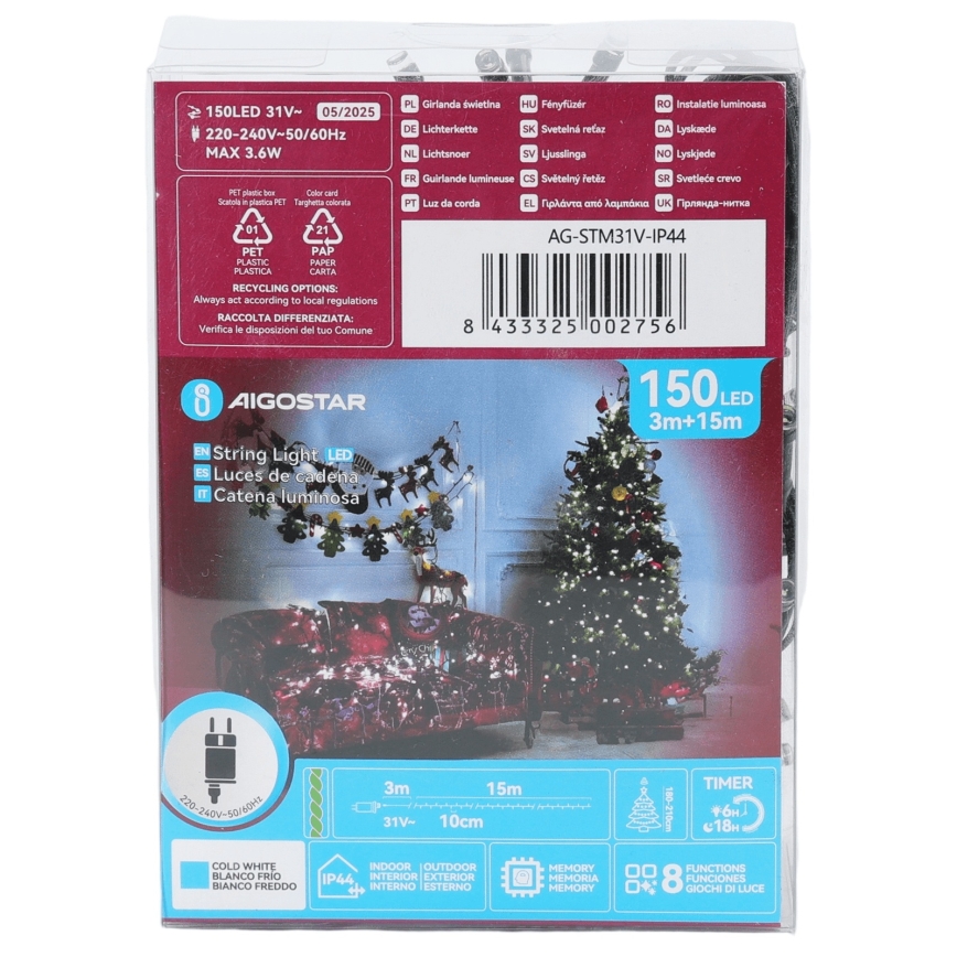 Aigostar - Guirlande lumineuse LED d'extérieur pour Noël, 150 LED, 8 modes, 18 m, IP44, blanc froid