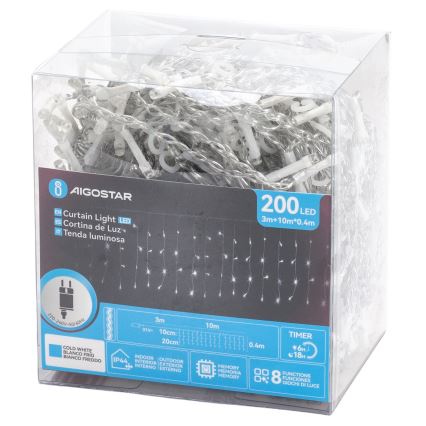 Aigostar - Guirlande LED d'extérieur 200xLED/3,6W/230V/8 fonctions 10x0,4m IP44 blanc froid