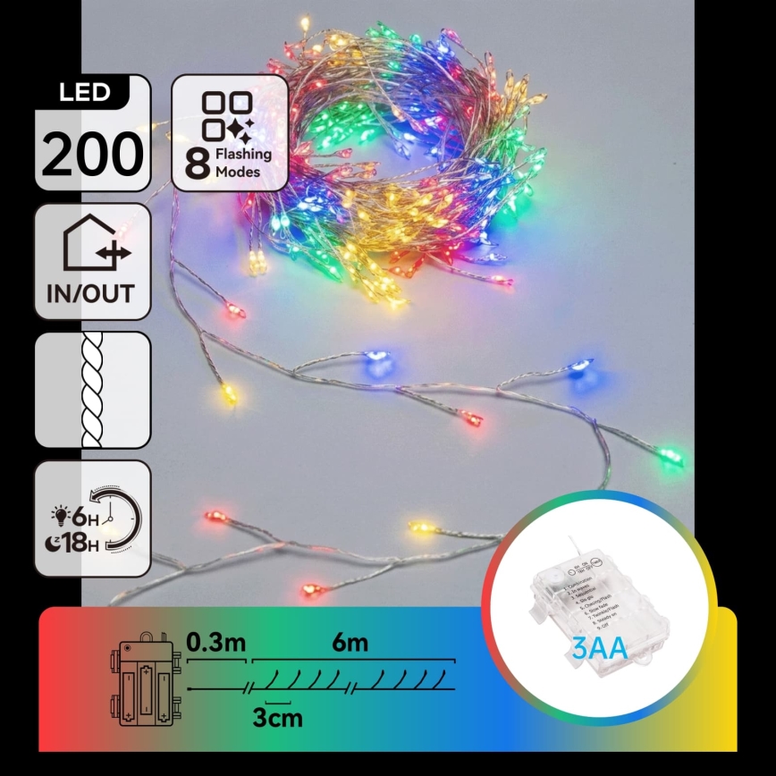 Aigostar - Guirlande lumineuse LED d'extérieur pour Noël 200xLED / 8 fonctions, 3xAA, 6,3 m, IP44, multicolore