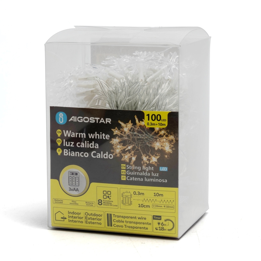 Aigostar - Guirlande lumineuse LED de Noël extérieure 25xLED/8 fonctions, 3xAA, 2,5 m, IP44, blanc chaud, étoiles