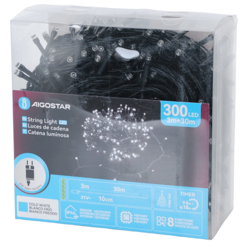Aigostar - Guirlande lumineuse LED extérieure de Noël, 300 LED, 8 fonctions, 30 m, IP44, blanc froid
