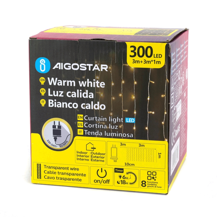 Aigostar - Guirlande lumineuse LED d'extérieur 300 LED/8 modes 3x1m IP44 blanc chaud + télécommande