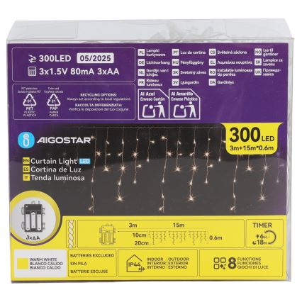 Aigostar - Guirlande de Noël LED d'extérieur 300xLED/8 modes 3xAA 18x0,6 m IP44 blanc chaud