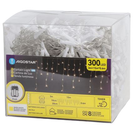 Aigostar - Guirlande de Noël LED d'extérieur 300xLED/8 modes 3xAA 18x0,6 m IP44 blanc chaud