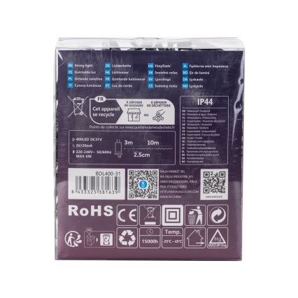 Aigostar - Guirlande lumineuse LED d'extérieur pour Noël, 400 LED, 8 fonctions, 13 m, IP44, blanc froid