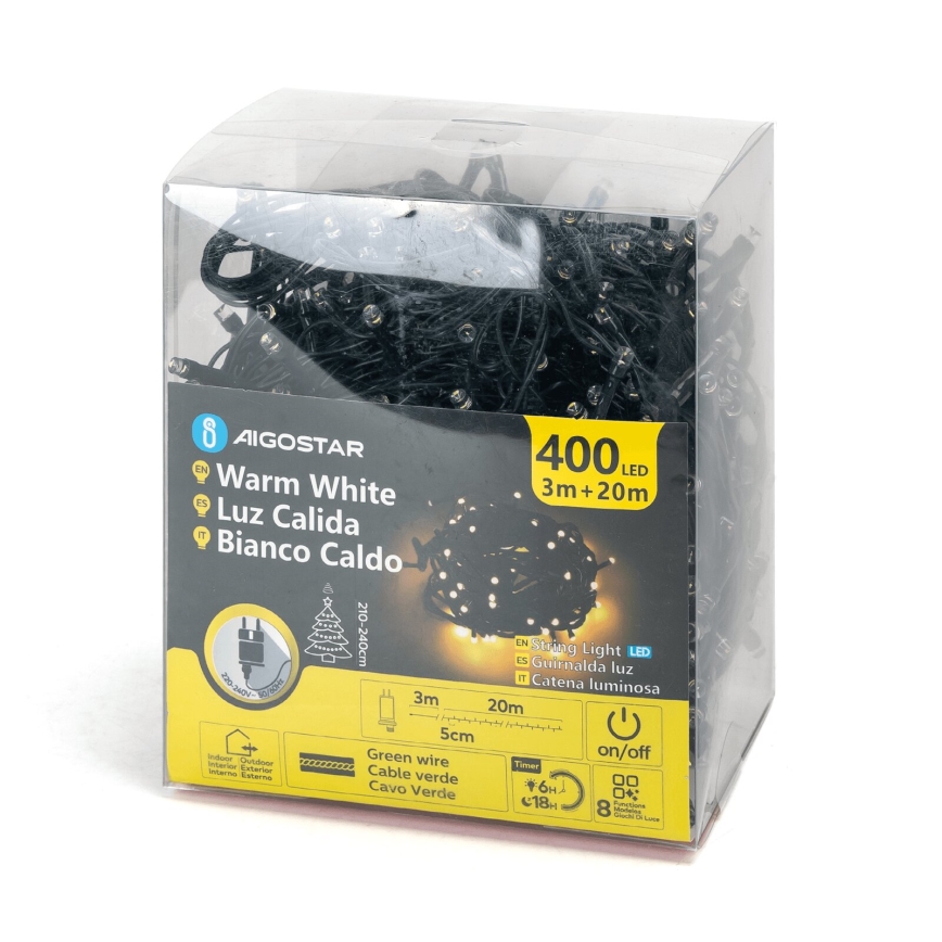 Aigostar - Guirlande lumineuse LED d'extérieur pour Noël 400 LED / 8 fonctions 23 m IP44 blanc chaud