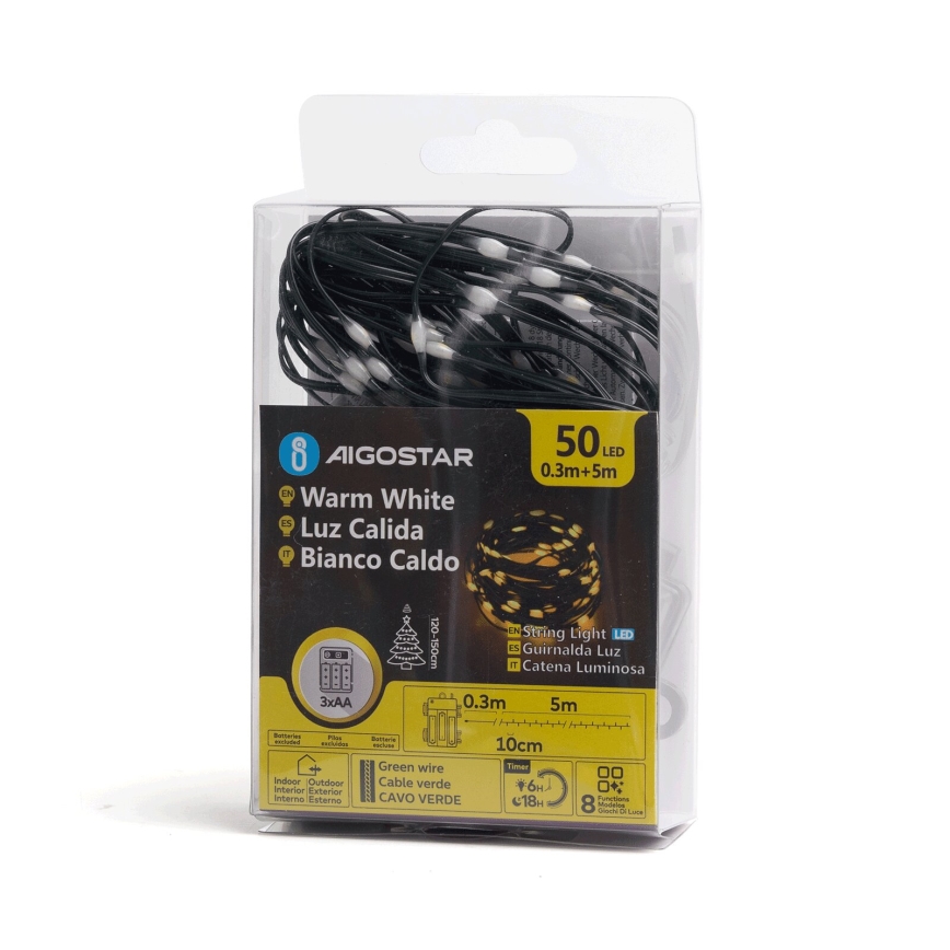 Aigostar - Guirlande lumineuse LED d'extérieur pour Noël, 50 LED, 8 fonctions, 3xAA, 5,3 m, IP44, blanc chaud
