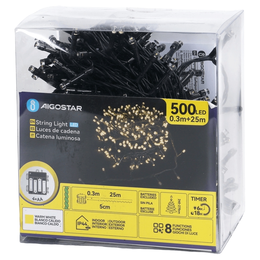 Aigostar - Guirlande lumineuse LED extérieure de Noël, 500 LED / 8 fonctions, 4xAA, 25,3 m, IP44, blanc chaud