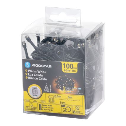 Aigostar - Guirlande LED d'extérieur 100 LED, 8 modes, 3×AA, 5,3 m, IP44, blanc chaud