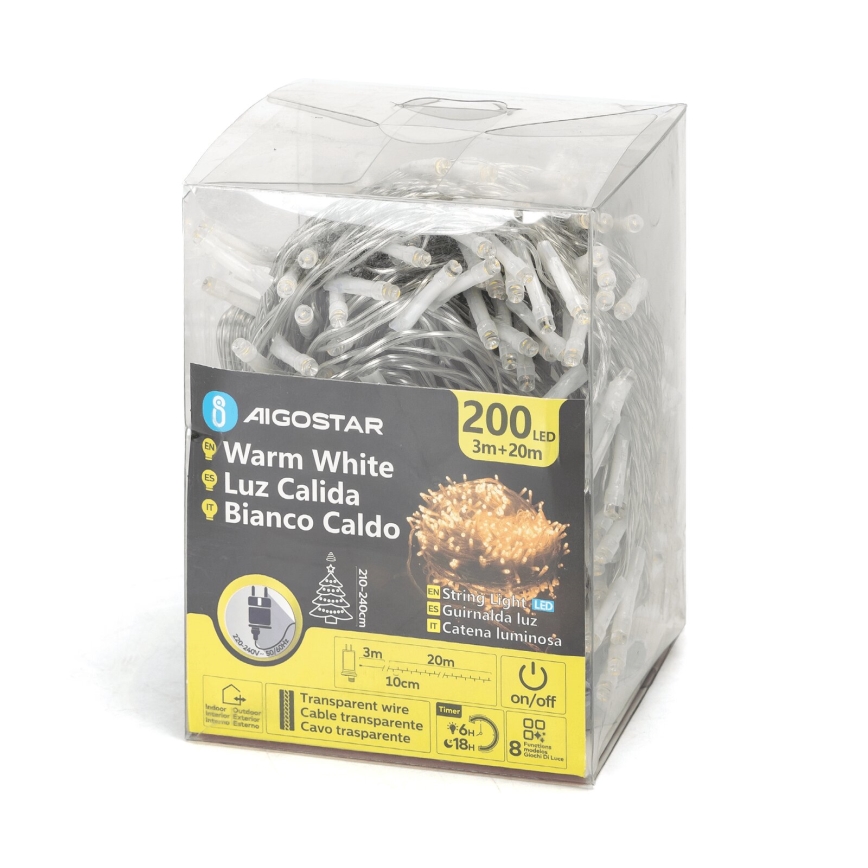 Aigostar - Guirlande lumineuse LED extérieure 200 LED, 8 fonctions, 23 m, IP44, blanc chaud