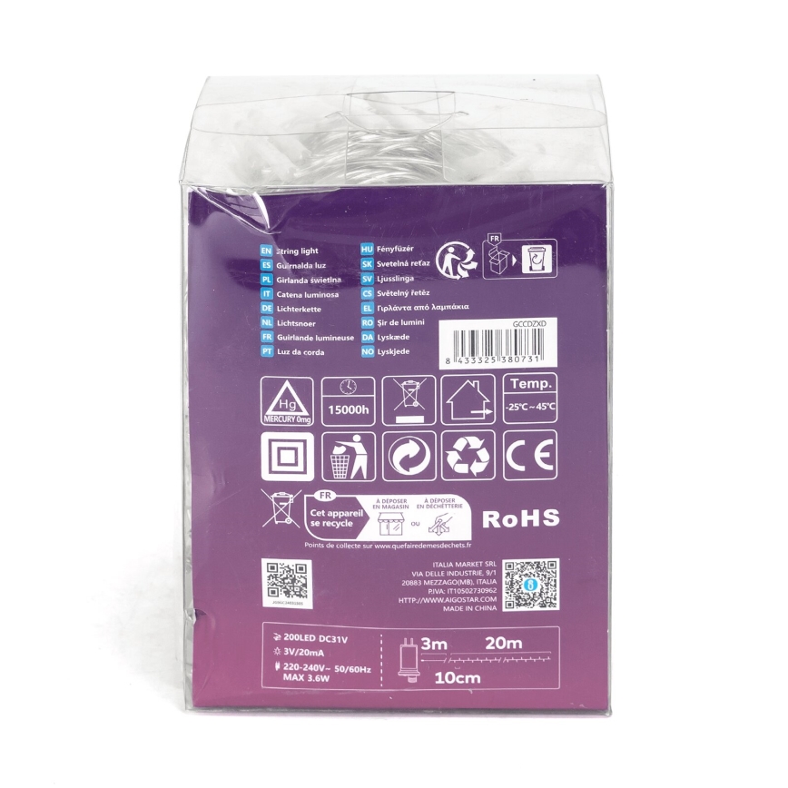 Aigostar - Guirlande lumineuse LED extérieure 200 LED, 8 fonctions, 23 m, IP44, blanc chaud