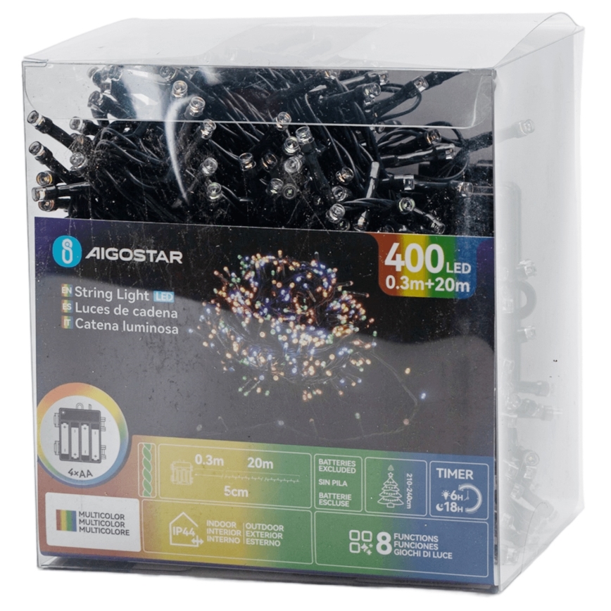 Aigostar - Guirlande LED extérieure 400 LED / 8 fonctions, 4 x AA, 20,3 m, IP44, multicolore