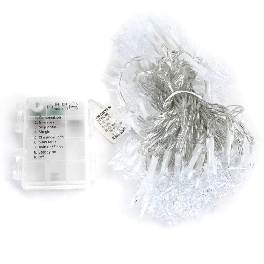Aigostar - Guirlande de Noël d'extérieur LED, 25 LED, 8 fonctions, alimentation 3x AA, 2,5 m, IP44, blanc chaud, étoiles