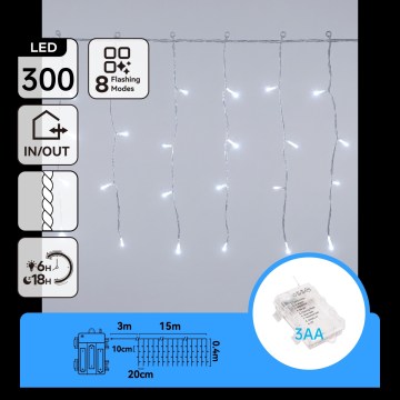 Aigostar - Guirlande lumineuse LED extérieure de Noël 300xLED/8 fonctions 3xAA 18x0,4m IP44 blanc froid