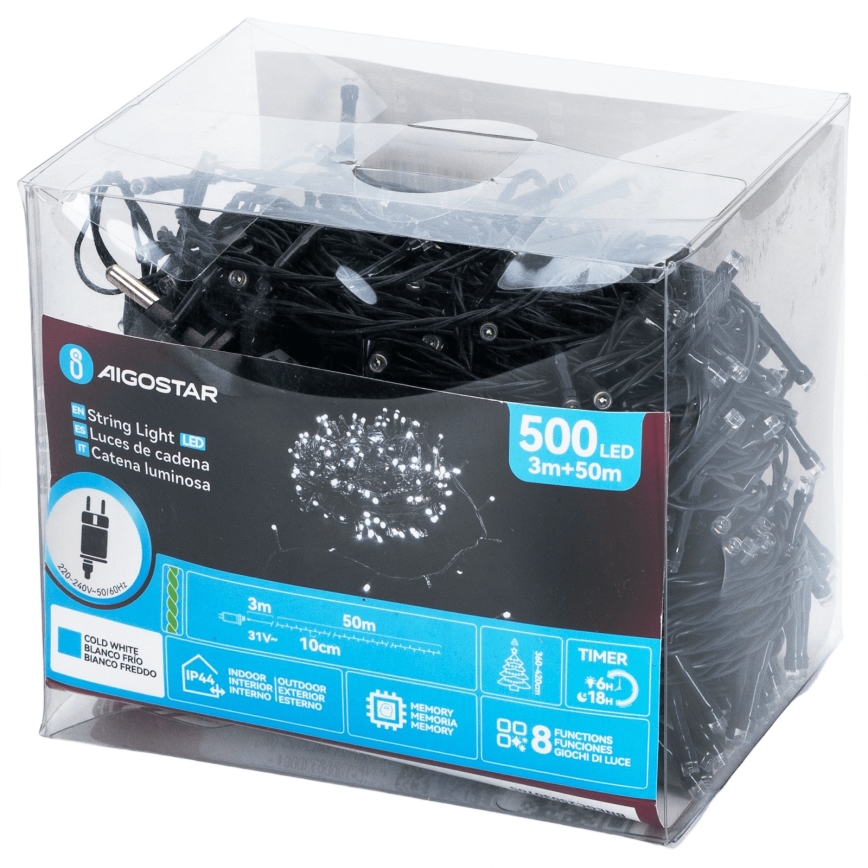 Aigostar - Guirlande de Noël LED d'extérieur 500 LED / 8 fonctions, 50 m, IP44, blanc froid