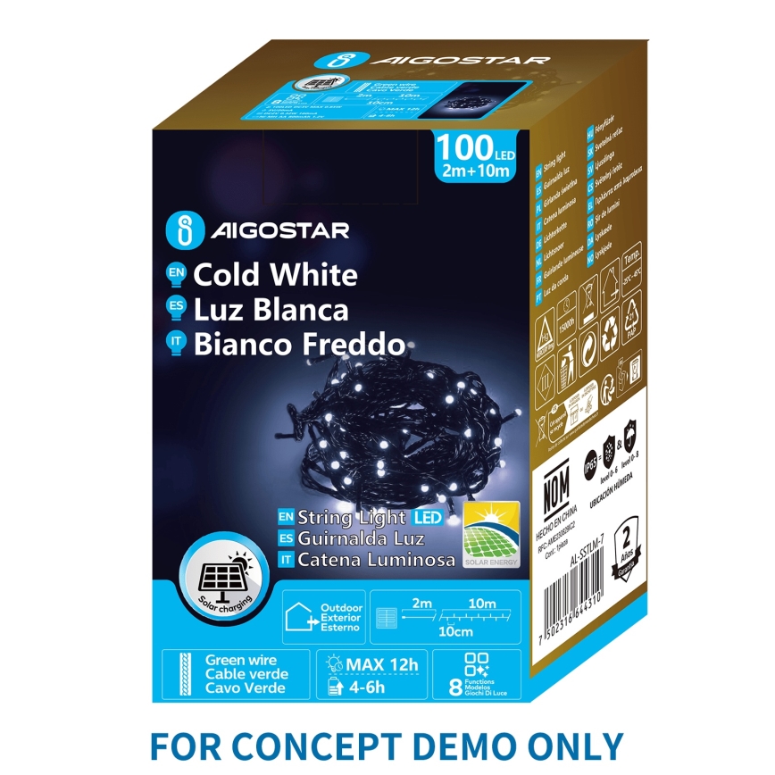 Aigostar - Guirlande de Noël solaire à LED 200 LED/8 fonctions, 22 m, IP65, blanc froid, 800 mAh
