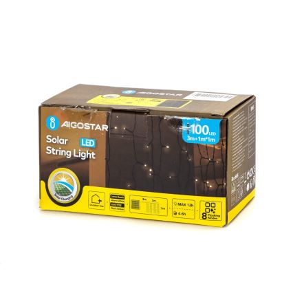 Aigostar - Guirlande solaire de Noël à LED 100 LED / 8 fonctions, 4 x 1 m, IP65, blanc chaud, 800 mAh
