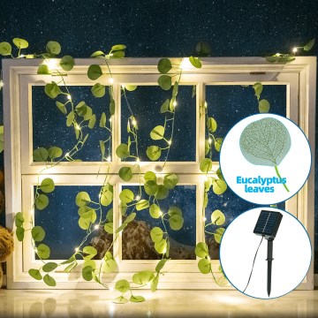 Aigostar - Guirlande solaire 100xLED/12m IP65 blanc chaud eucalyptus