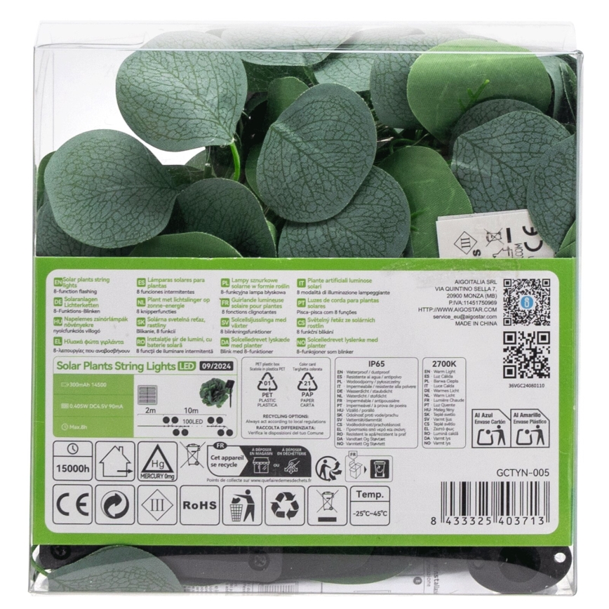 Aigostar - Guirlande solaire 100xLED/12m IP65 blanc chaud eucalyptus