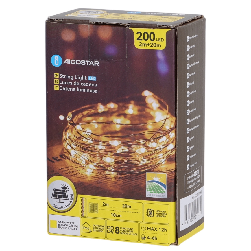 Aigostar - Guirlande solaire LED 200 LED/8 modes 22 m IP65 blanc chaud 800 mAh