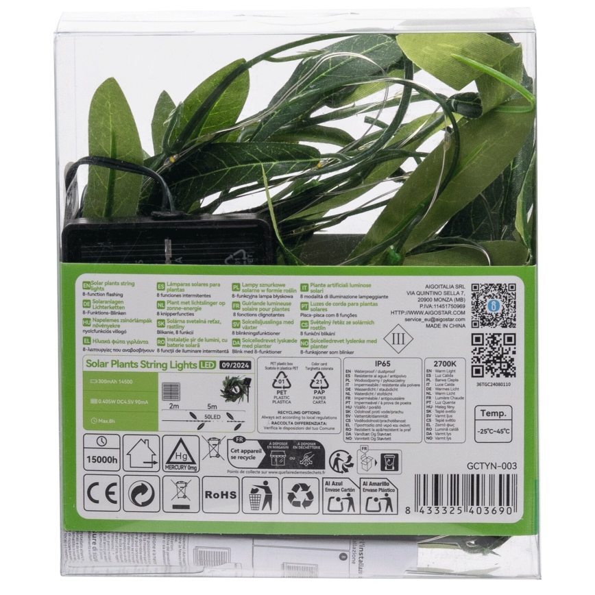 Aigostar - Guirlande solaire 50xLED/7m IP65 blanc chaud olive