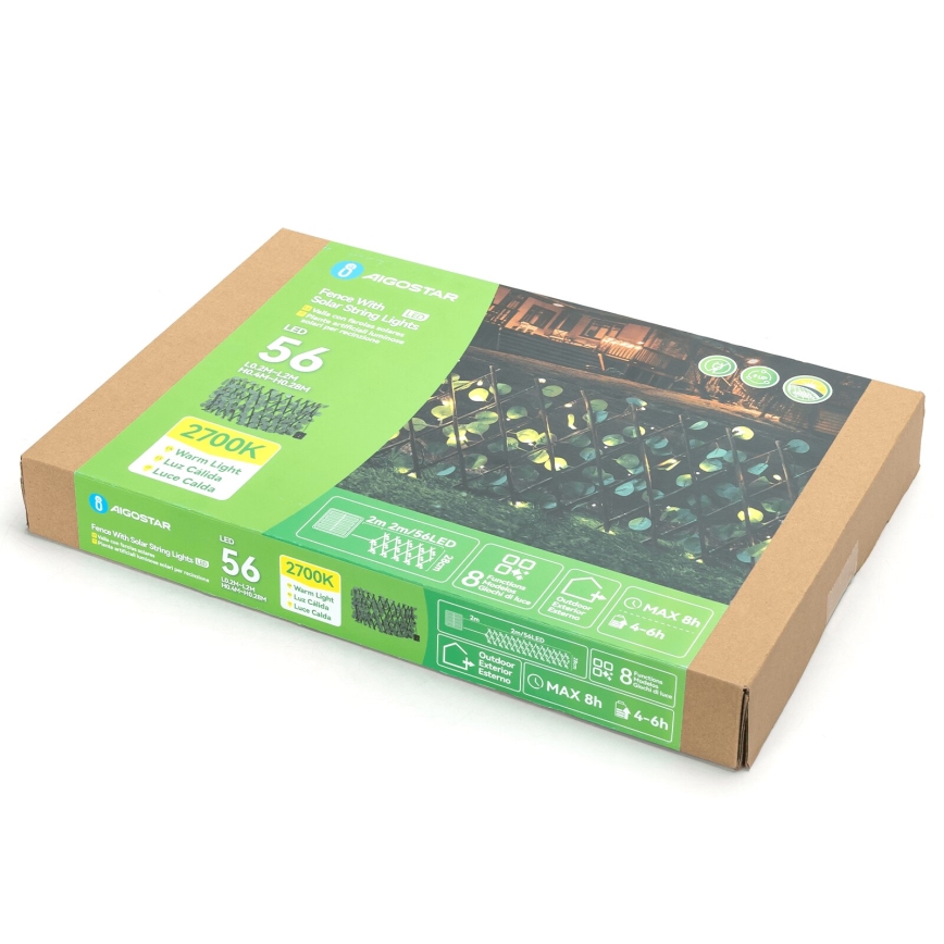 Aigostar - Guirlande solaire 56xLED/2x0,4m IP65 blanc chaud eucalyptus