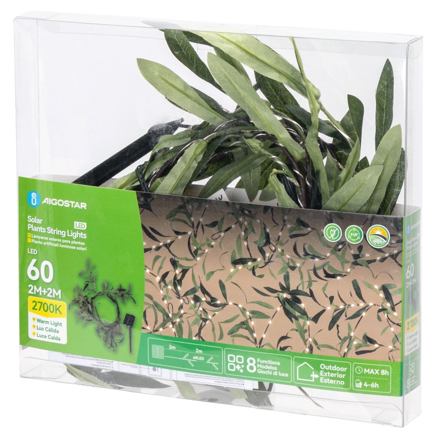 Aigostar - Guirlande solaire 60xLED/4m IP65 blanc chaud olive